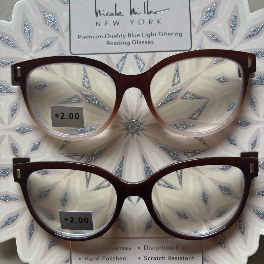 Nicole Miller Brown Blue Light Cat eye Reading Glasses +2.00